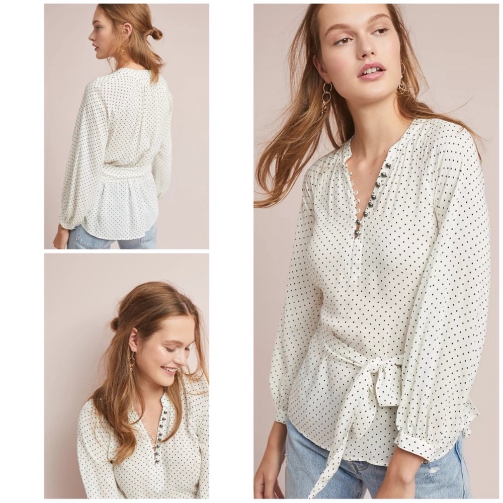 Maeve by Anthropologie Lucy Polka Dot Tie-Front Blouse Womens M